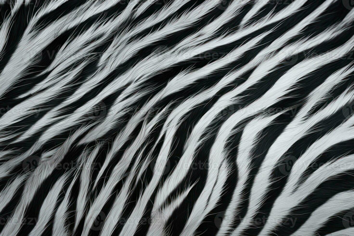 Zebra fur texture. Striped black white fluffy zebra fur. Close-up. Copy space. Long soft cozy wool. Warm blanket, rug, bedspread. Abstract Zebra skin design. Print, backdrop, textile, AI generated photo
