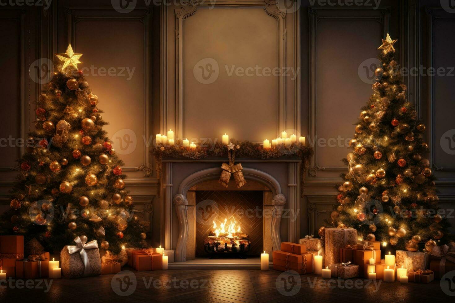 Christmas festive interior. New Year's Eve. Two decorated Christmas trees, burning candles, gifts, fireplace. With copy space. New Year holiday background. Postcard, banner, design, AI generated photo