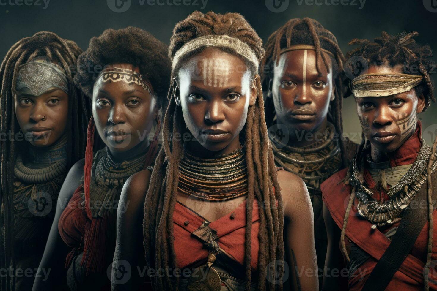 Wild African tribes. Five African American people portrait. Men and women of wild African tribes in tribal traditional clothes, dreadlocks war paint. Customs, rituals, way of life AI generated photo