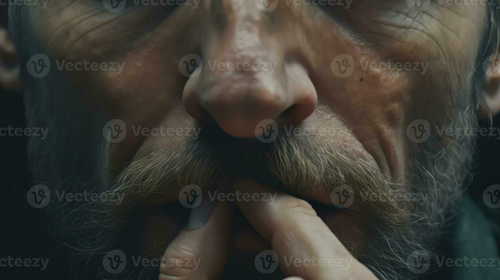 Close-up portrait of a middle-aged man with a mustache and beard. A man holds two fingers to his mouth. Whistling. A man is thoughtful and reflective AI generated photo