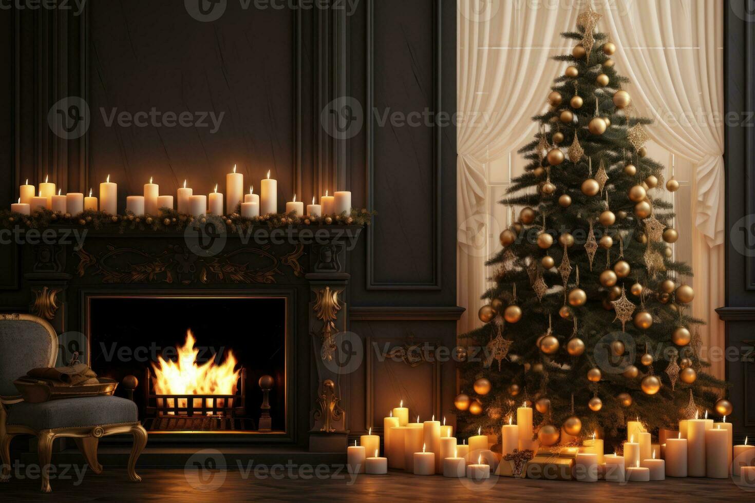 Christmas festive interior. With copy space. New Years Eve. Decorated Christmas tree, burning candles, fireplace with burning fire. New Year holiday background. Postcard, banner, design, AI generated photo