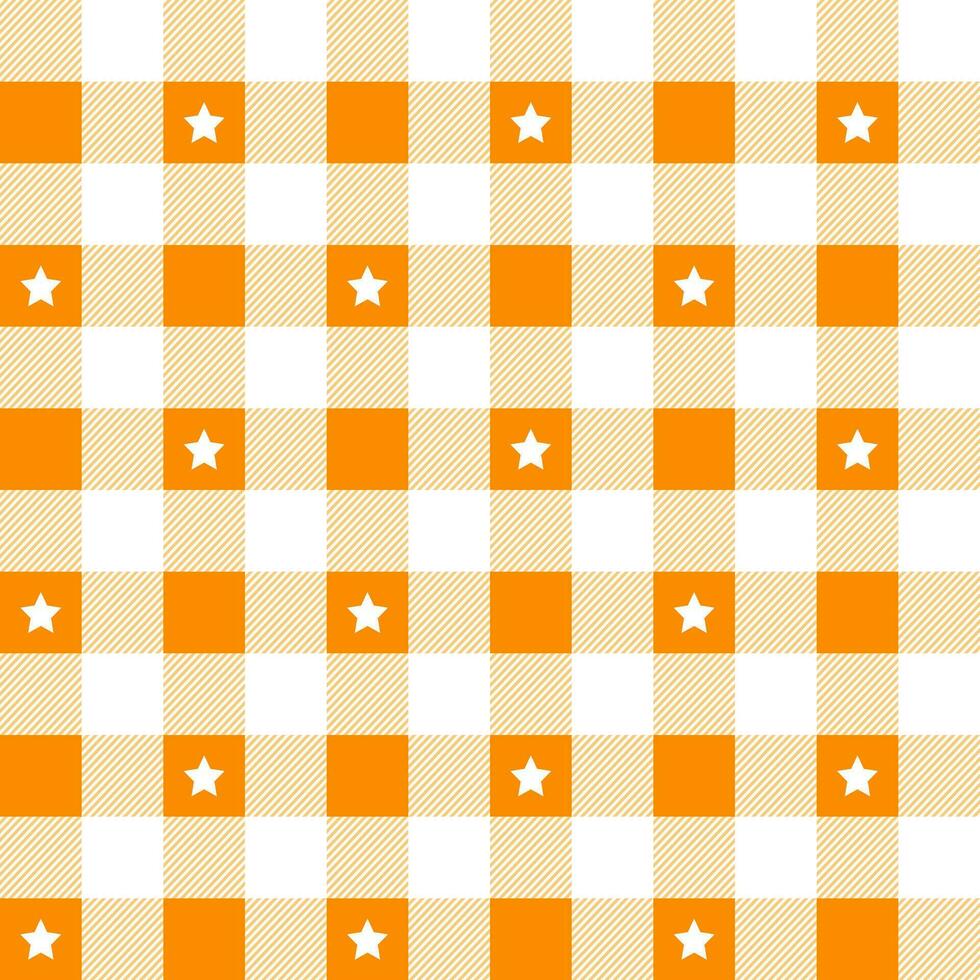 Orange plaid pattern with star background. plaid pattern background. plaid background. Seamless pattern. for backdrop, decoration, gift wrapping, gingham tablecloth, blanket, tartan. vector