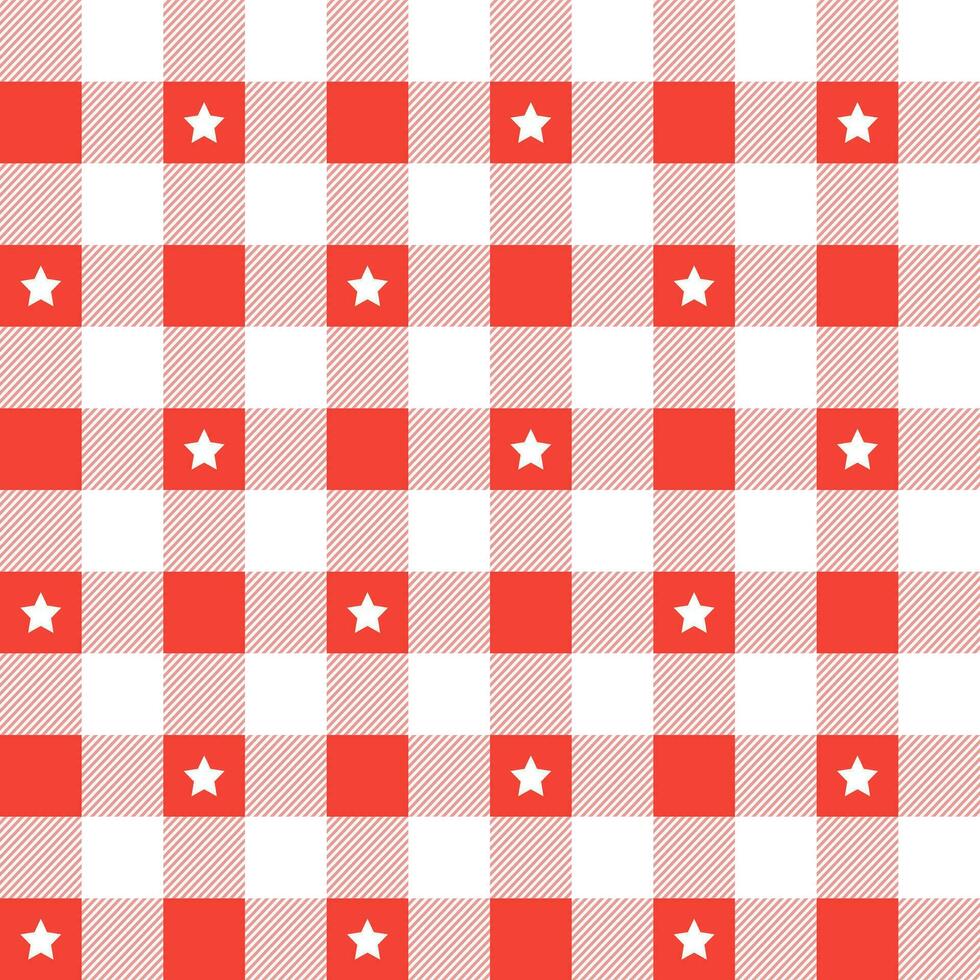 Red plaid pattern with star background. plaid pattern background. plaid background. Seamless pattern. for backdrop, decoration, gift wrapping, gingham tablecloth, blanket, tartan. vector