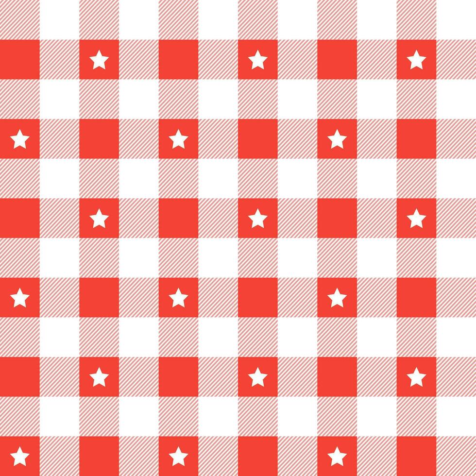 Red plaid pattern with star background. plaid pattern background. plaid background. Seamless pattern. for backdrop, decoration, gift wrapping, gingham tablecloth, blanket, tartan. vector