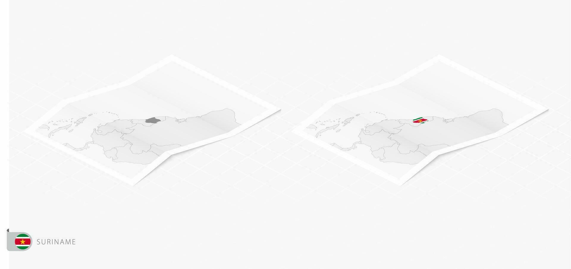 Set of two realistic map of Suriname with shadow. The flag and map of Suriname in isometric style. vector