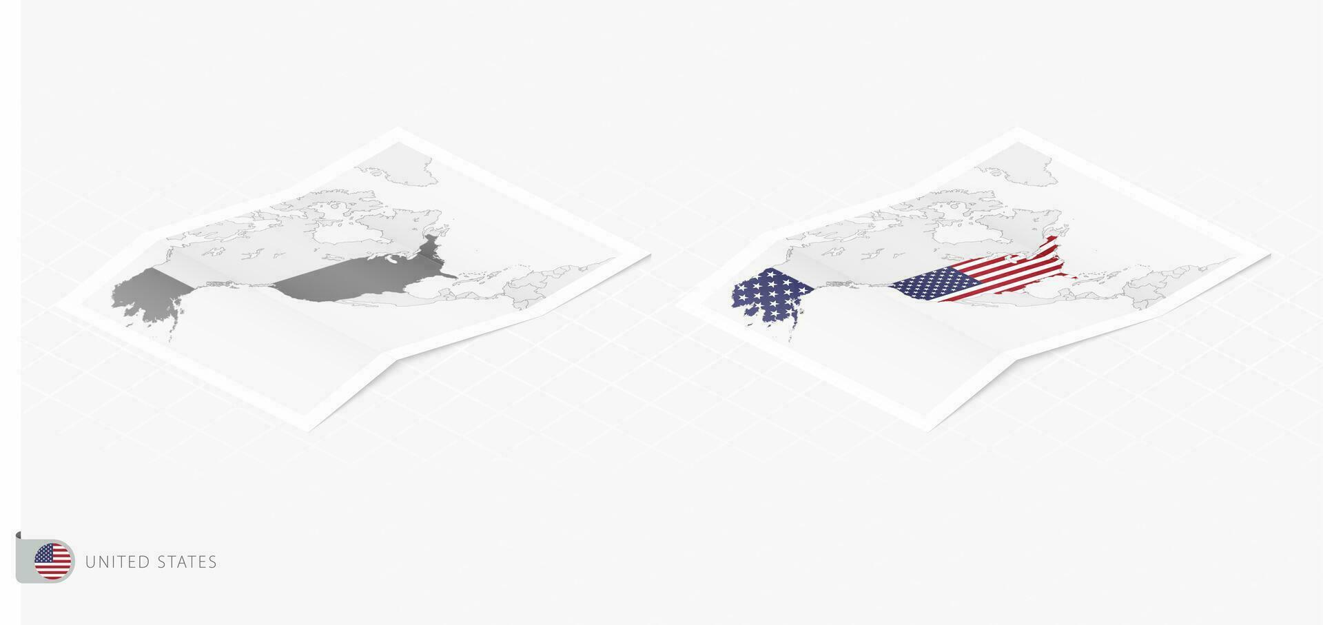 Set of two realistic map of USA with shadow. The flag and map of USA in isometric style. vector