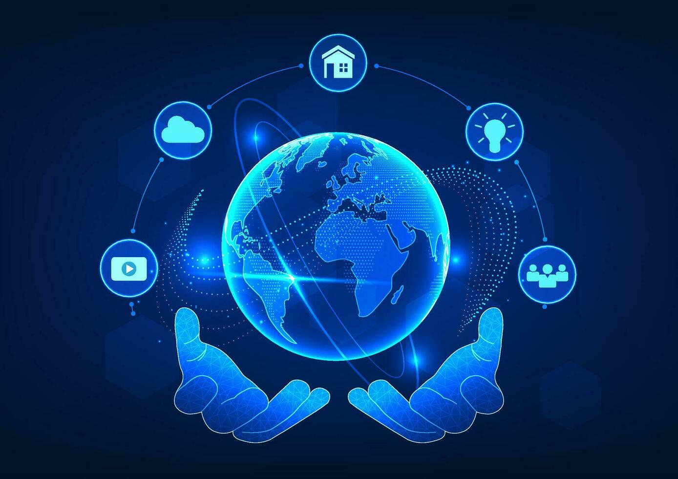 World technology, two hands holding the globe along with icons It communicates that technology reaches people all over the world. Access to communication information and doing international business vector