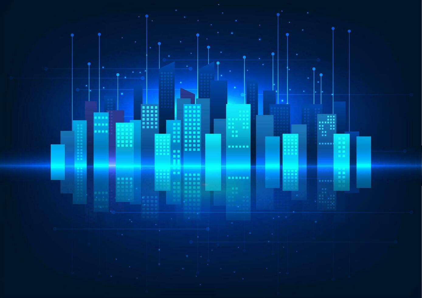 Smart City Technology The city has a reflection on the circuit behind it. It represents a smart city that has better facilities for people in the city. vector