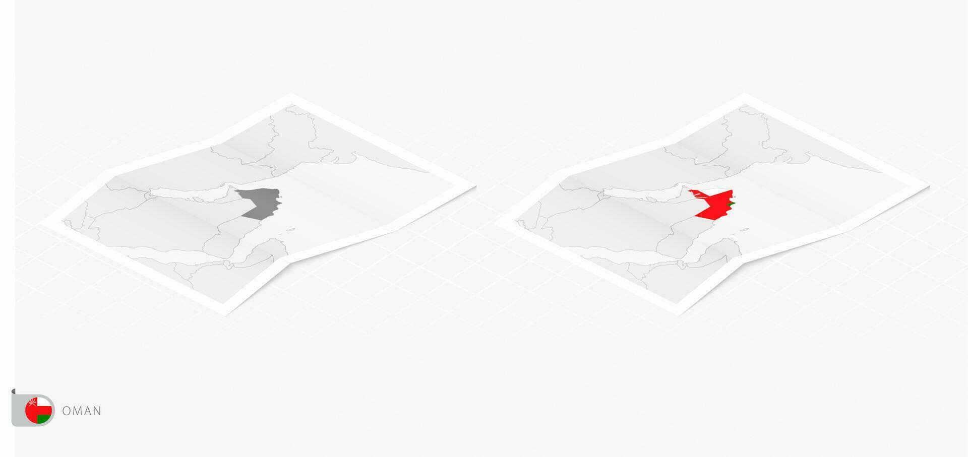 Set of two realistic map of Oman with shadow. The flag and map of Oman in isometric style. vector