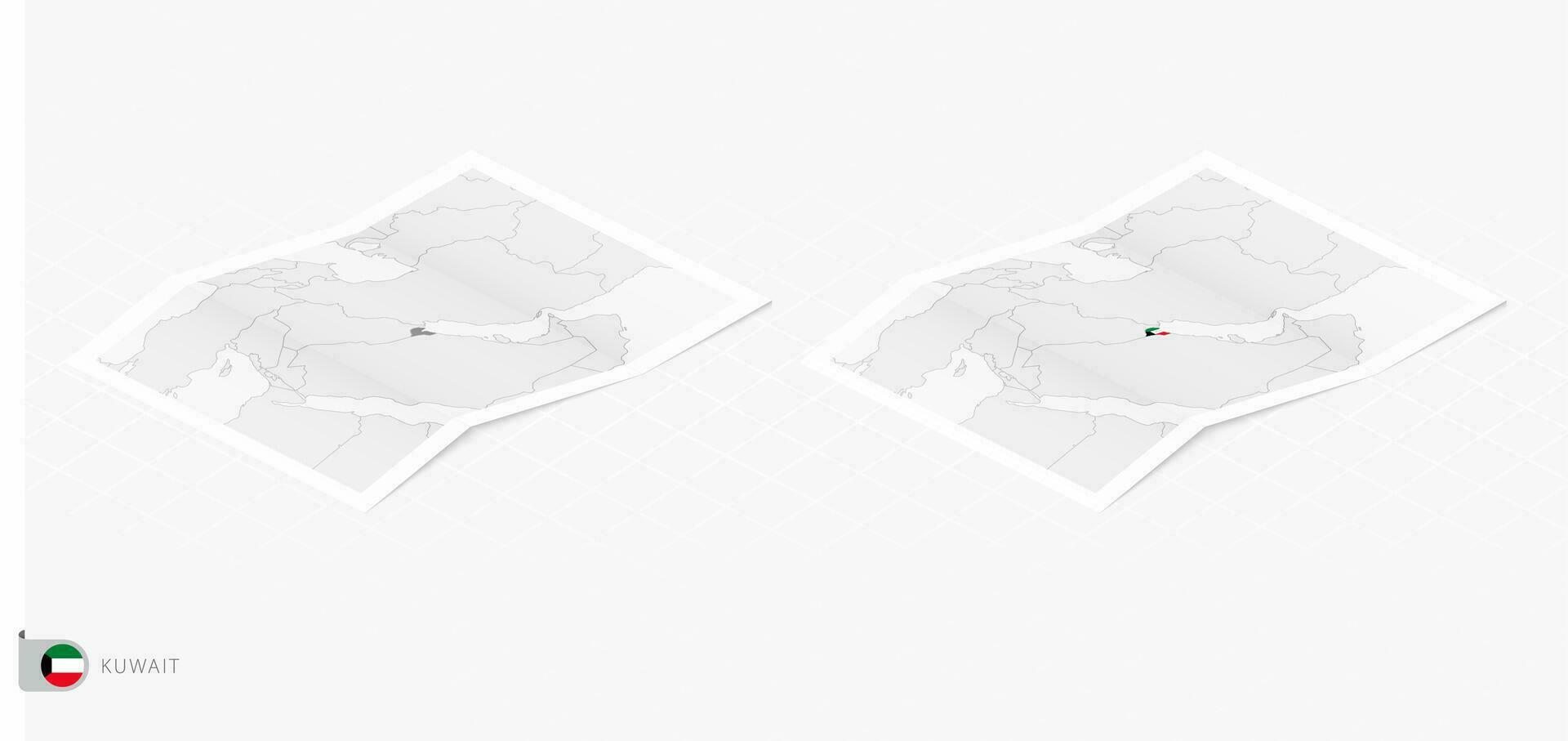 Set of two realistic map of Kuwait with shadow. The flag and map of Kuwait in isometric style. vector