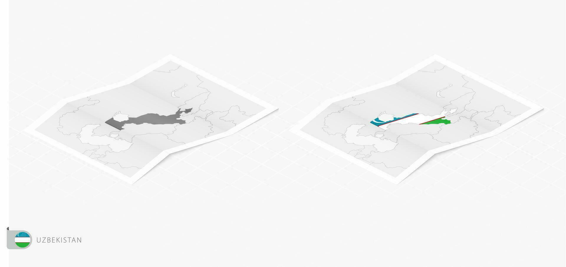 Set of two realistic map of Uzbekistan with shadow. The flag and map of Uzbekistan in isometric style. vector