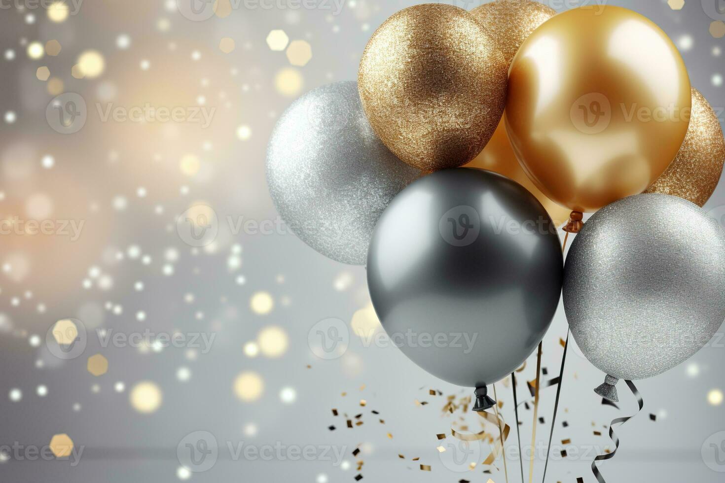 Chromed gold and silver balloons. Congratulatory composition of balloons on a blurred background photo