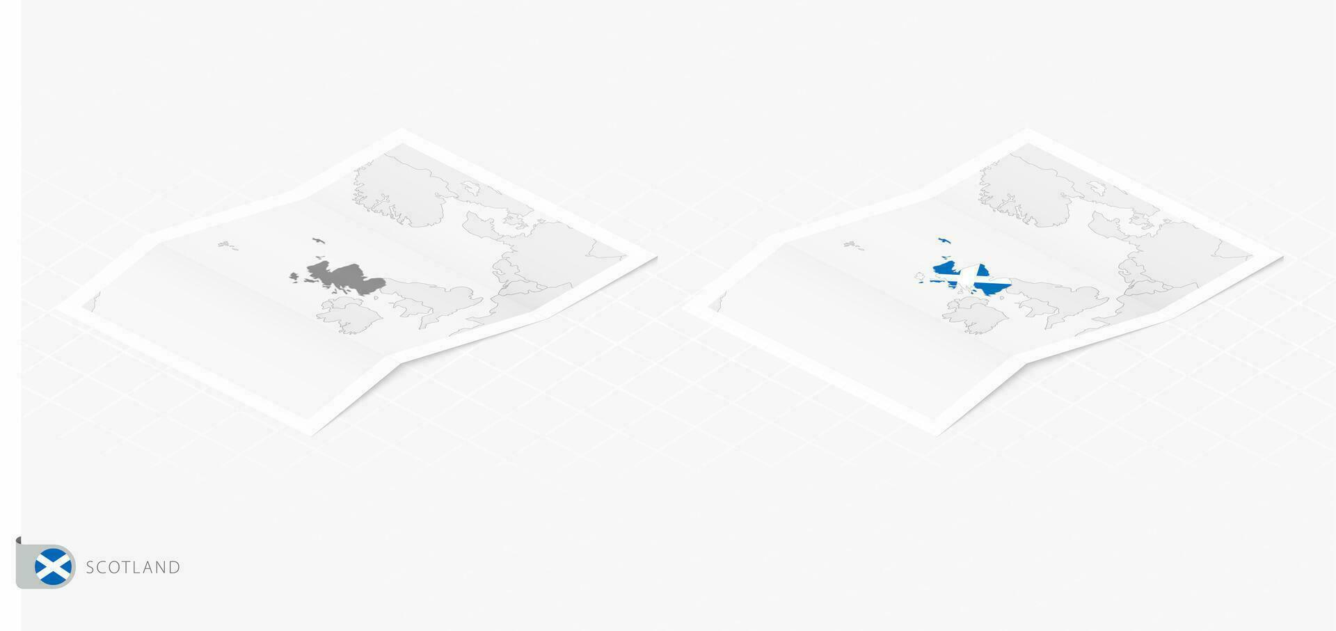 Set of two realistic map of Scotland with shadow. The flag and map of Scotland in isometric style. vector