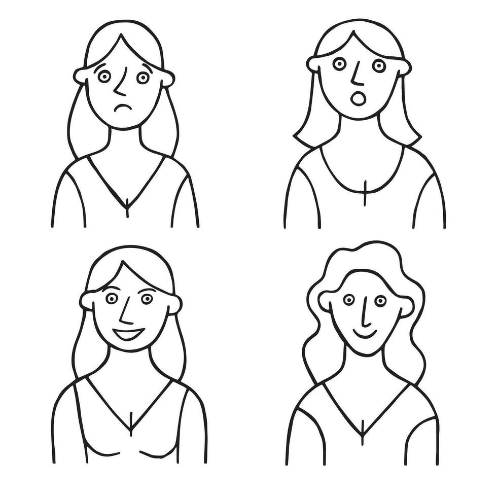 vector todavía garabatear dibujo, personas con diferente emociones caras de mujer sonriente, triste, sorprendido