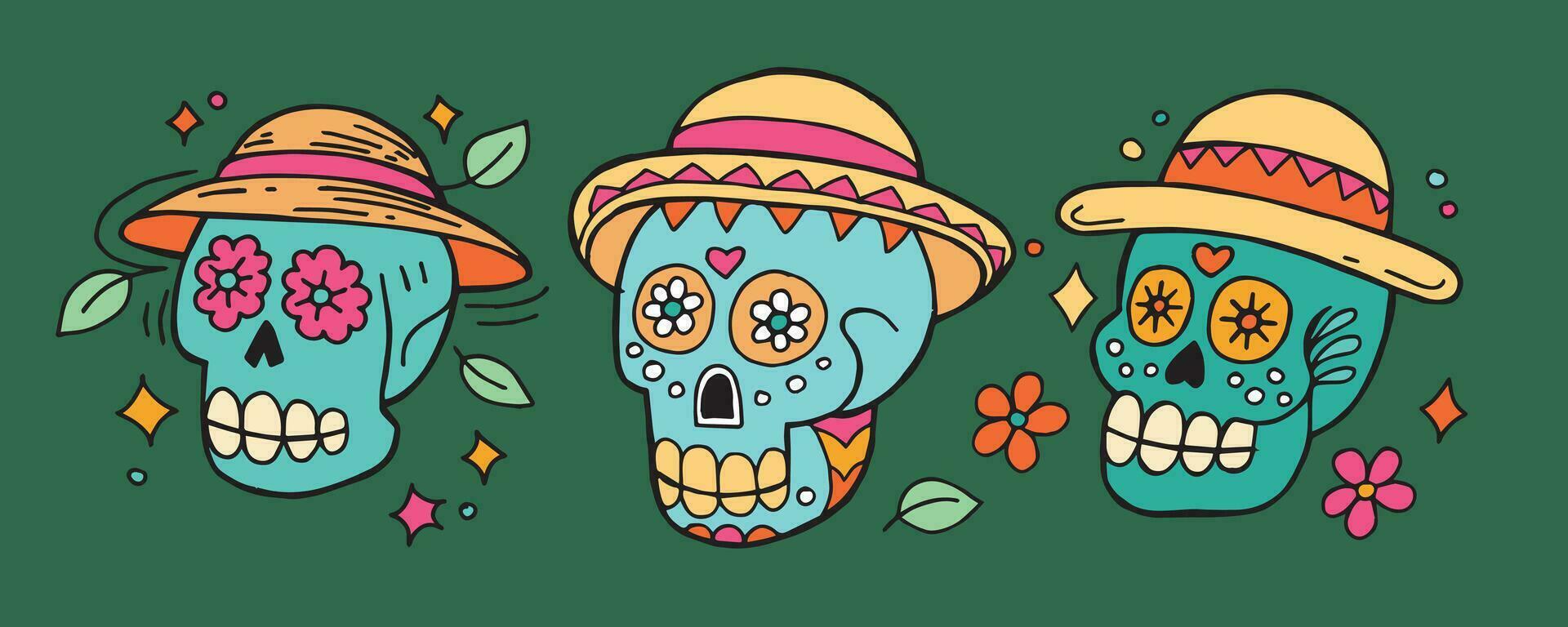 ilustración de un conjunto de pintado calaveras para el fiesta de el día de el muerto. dibujo en plano estilo, caja de cartón vector