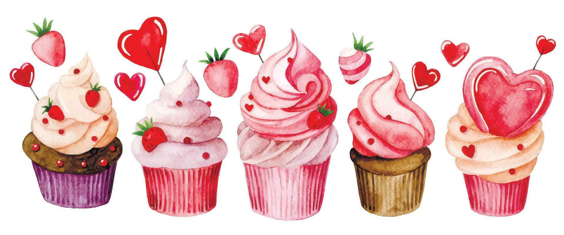 Watercolor drawing, set of cute cupcakes with pink cream and hearts. illustration for valentine's day. vector