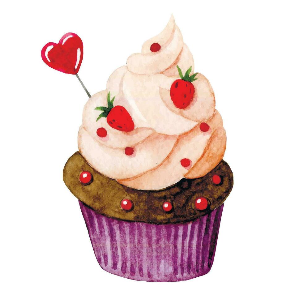 Watercolor drawing, cute cupcake with pink cream and heart. illustration for valentine's day. vector