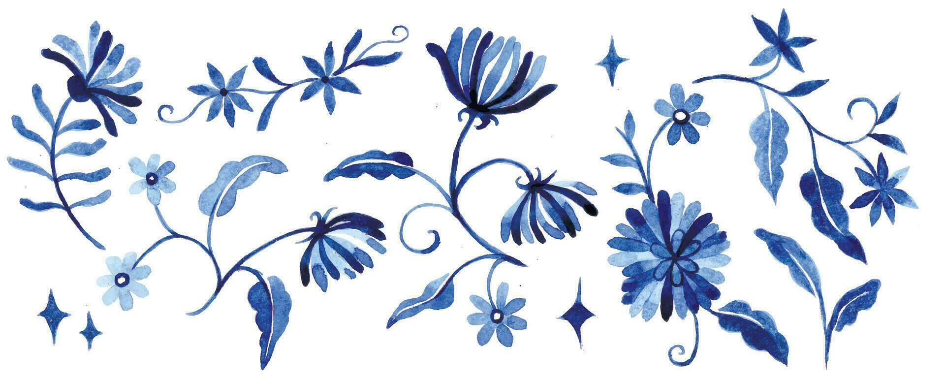 watercolor drawing, set with fantastic blue flowers on a white background, ornament vector