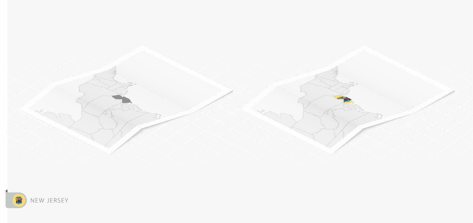 Set of two realistic map of New Jersey with shadow. The flag and map of New Jersey in isometric style. vector