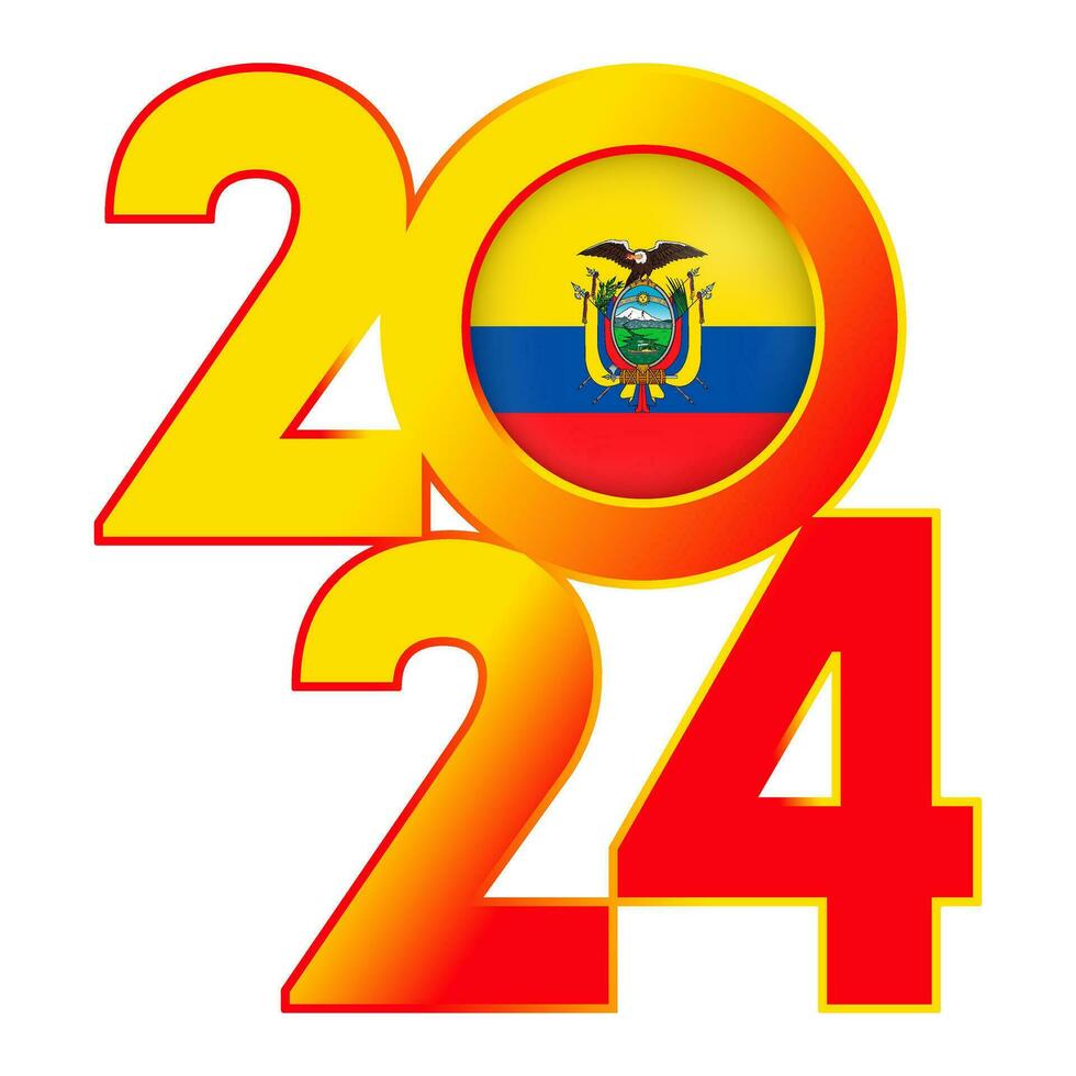 Happy New Year 2024 banner with Ecuador flag inside. Vector illustration.