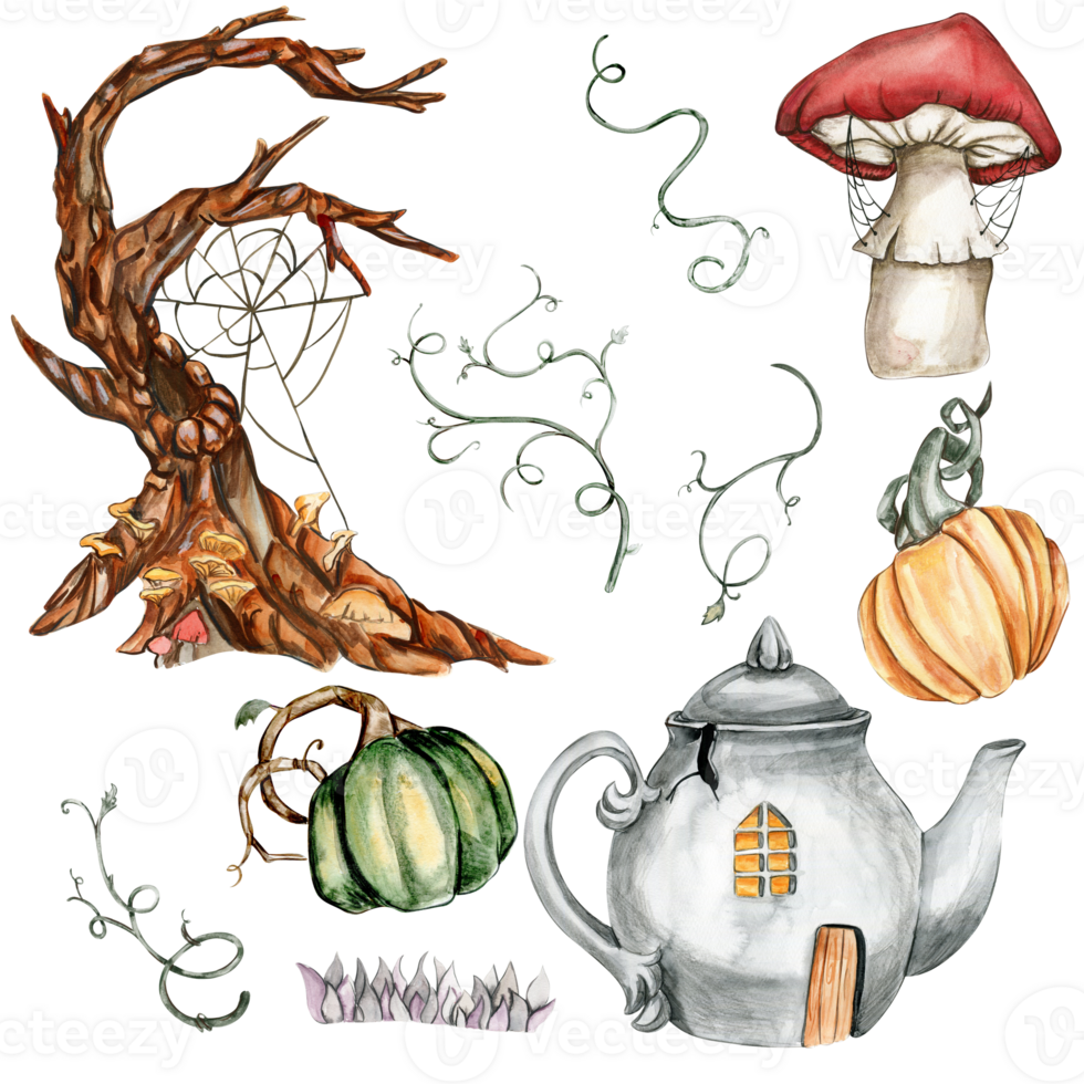 Watercolor hand drawn set of autumn with dry wood, pumpkins, mushroom . png