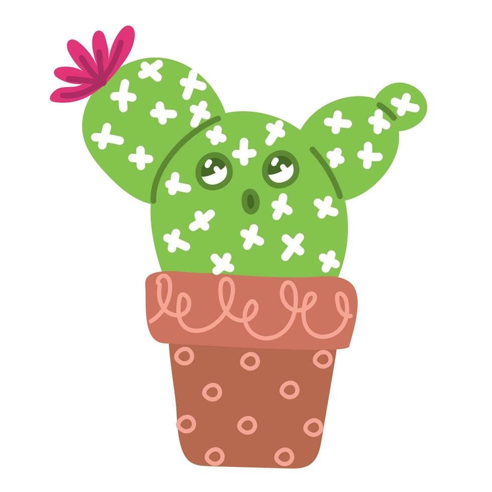 Cute juicy cactus in a pot with a funny cartoon face. Isolated vector illustration with a flower and a surprised cactus. An emotional prickly plant in a painted pot. Printing for stickers, postcards