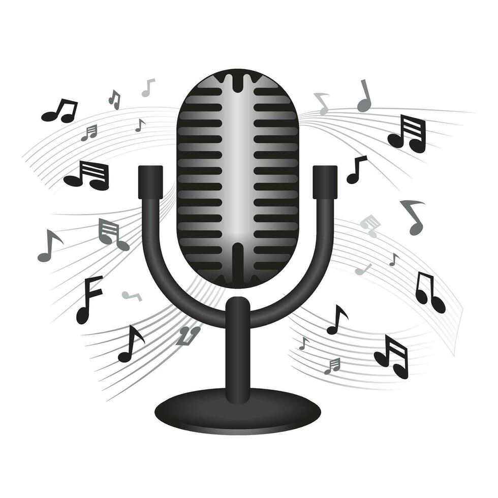 Vintage microphone with separated music notes on white background. Vector illustration EPS 10.