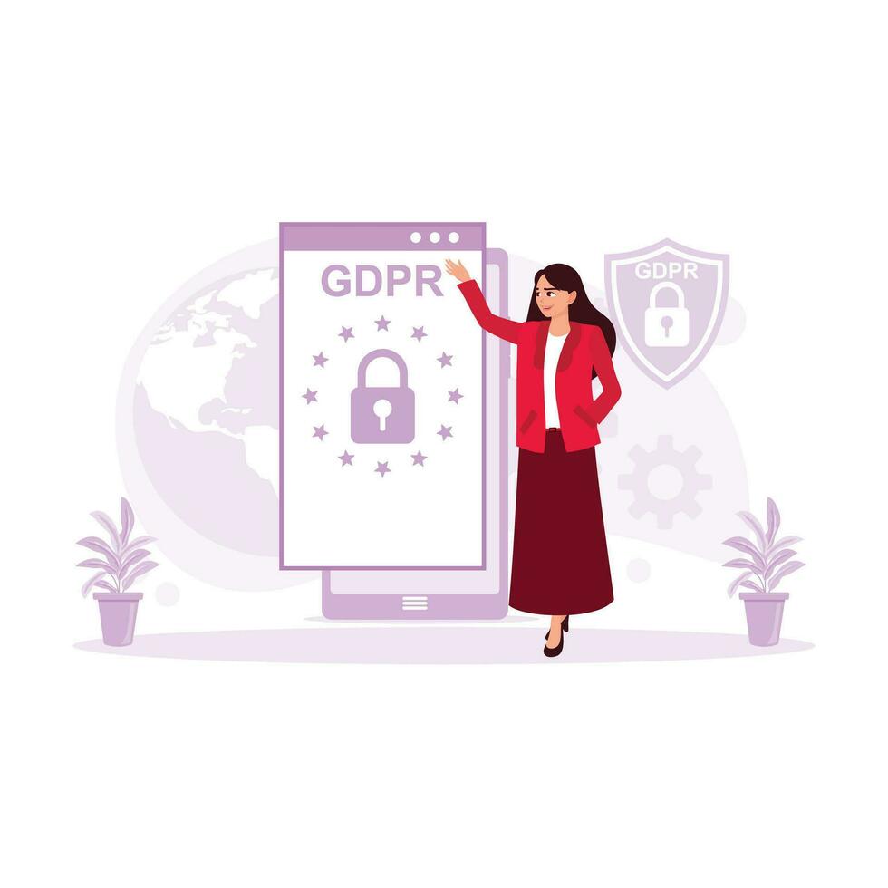 Padlock and star symbol on a cellphone screen. General Data Protection Regulation, GDPR. General Privacy concept. Trend Modern vector flat illustration