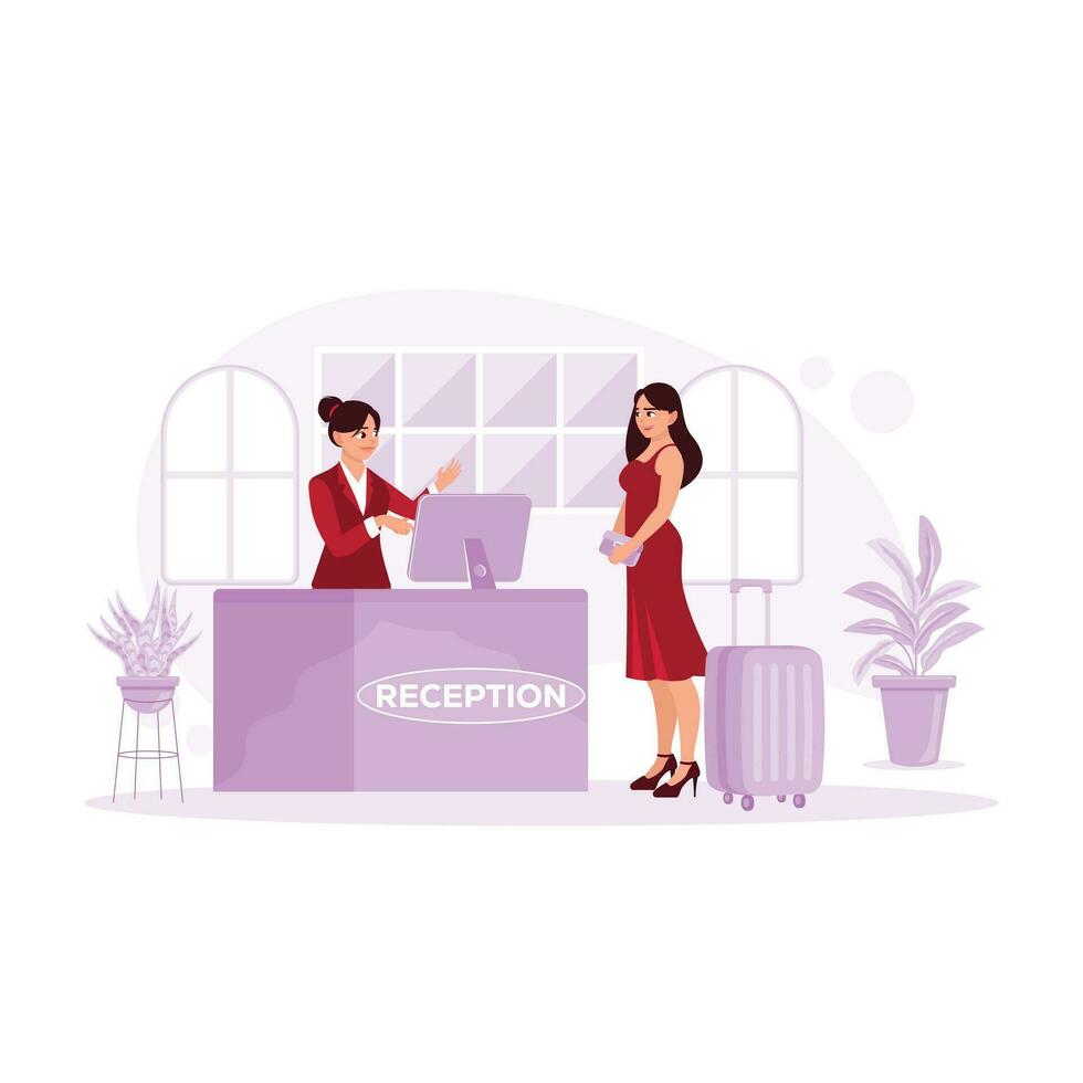 Friendly receptionist serving beautiful tourists checking out at the hotel. Hotel Receptionist Concept. Trend Modern vector flat illustration