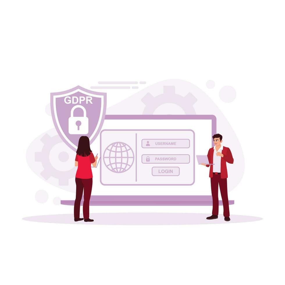 Businesspeople protect personal data via the Internet on laptops. General Privacy concept. Trend Modern vector flat illustration
