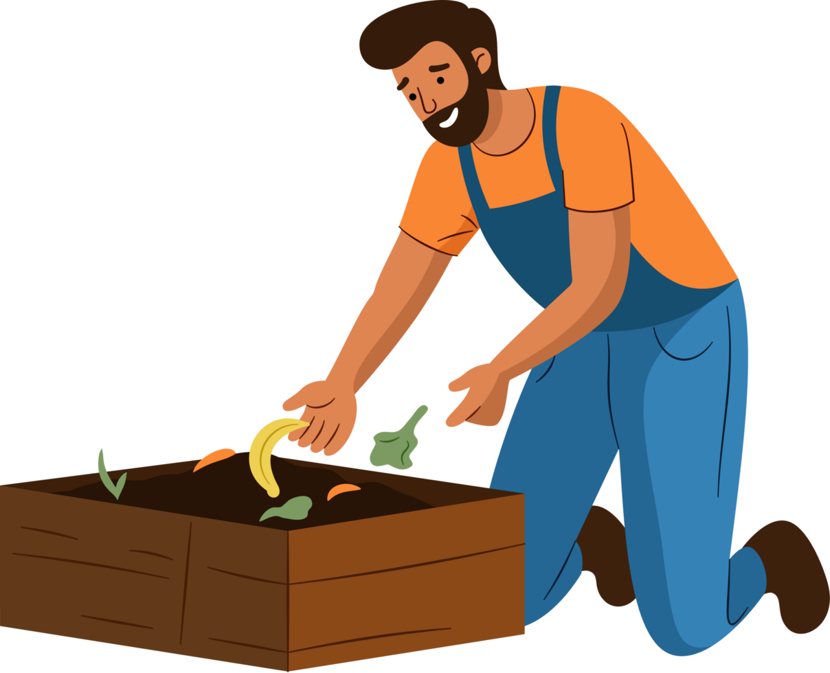 The man is disposing of organic food trash in the compost pit. food waste, zero waste, recycle Concept. png