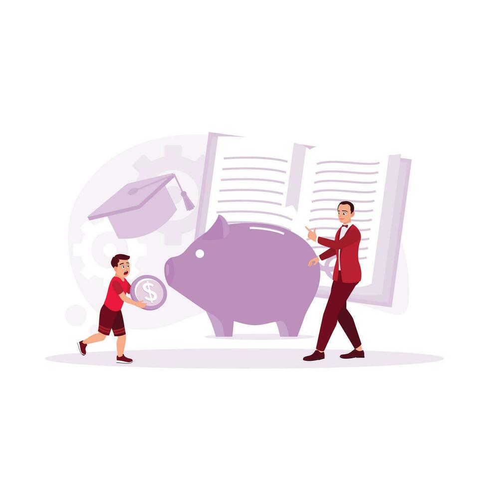 Father teaches his son to save. The boy puts coins into a piggy bank. Save for education. Financial literacy concept. Trend Modern vector flat illustration