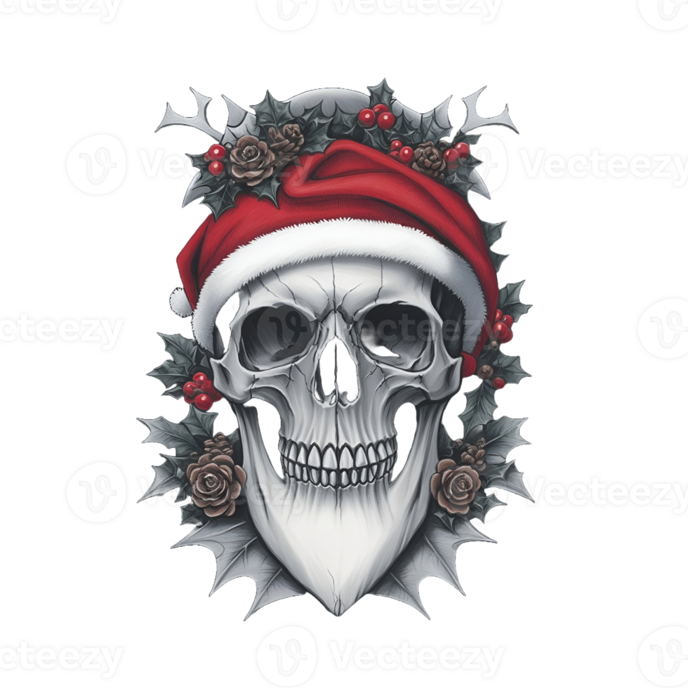 Weihnachten thematisch Schädel mit Stechpalme Blätter, rot Beeren, Kiefer Zapfen, und ein Santa Hut, T-Shirt Design, transparent Hintergrund, png Datei - - ai generativ