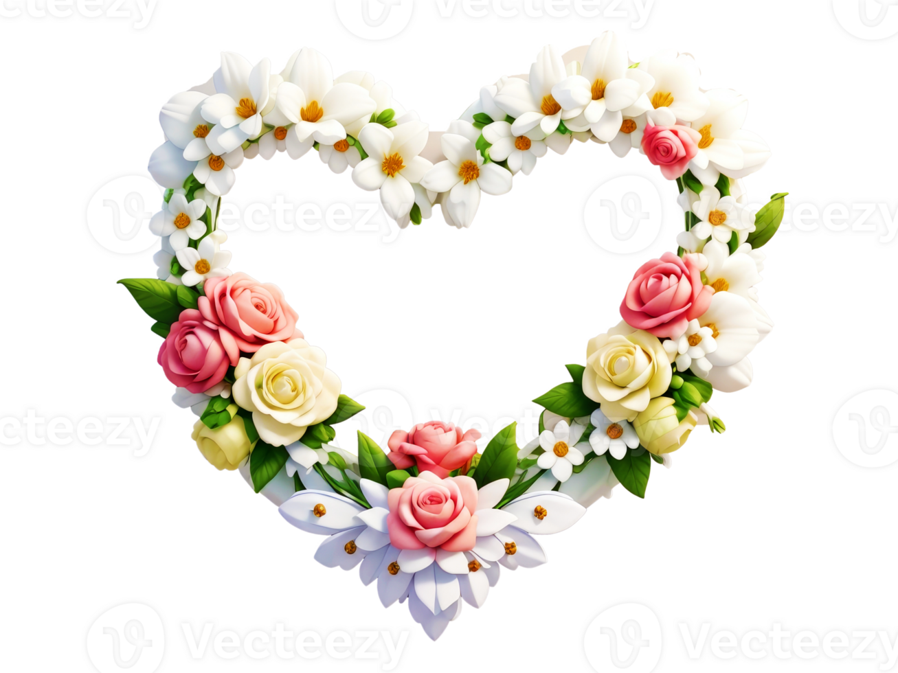 White heart shaped frame decorated with colorful flowers on transparent background.Generative AI. png