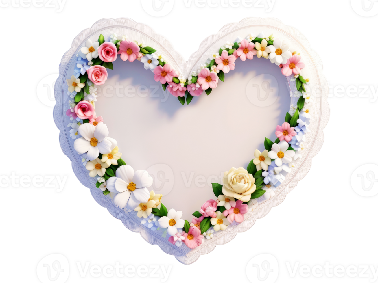 White heart shaped frame decorated with colorful flowers on transparent background.Generative AI. png