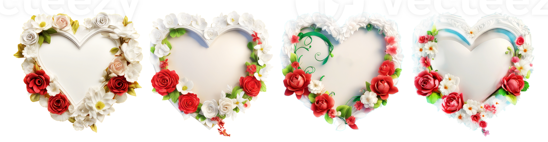 White heart shaped frame decorated with colorful flowers on transparent background.Generative AI. png