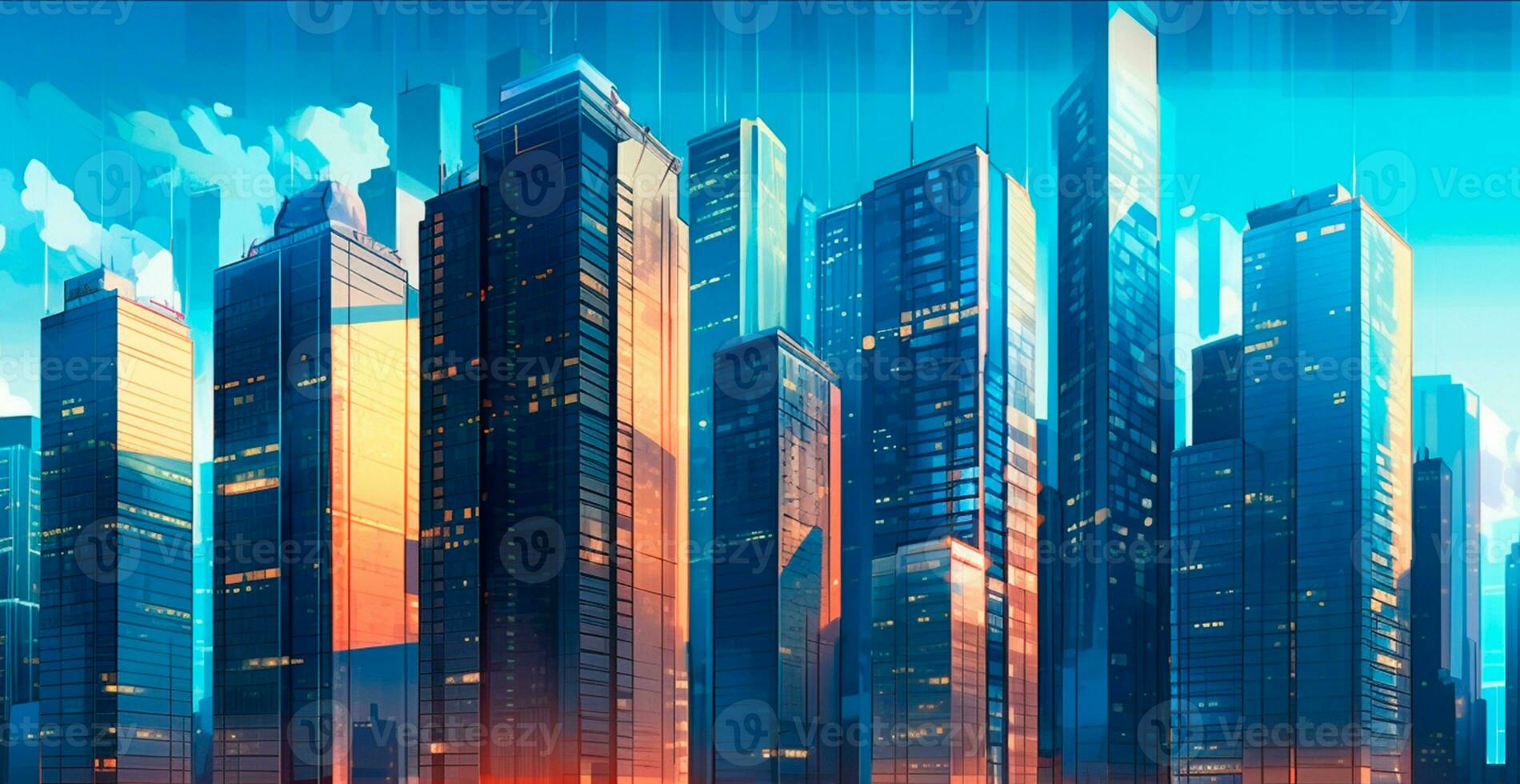 Financial district, business skyscraper, sun glare in the windows of the building - AI generated image photo