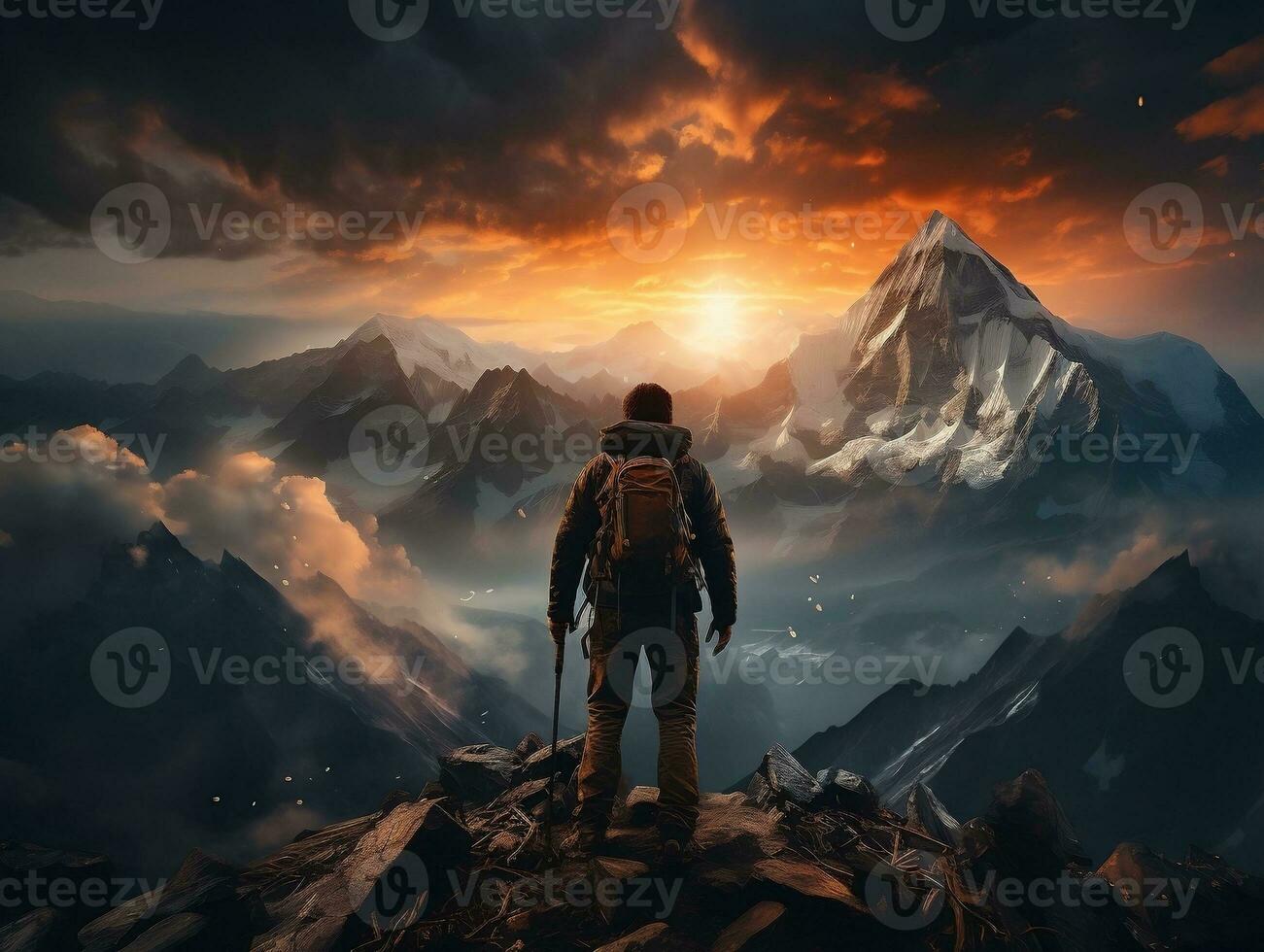 A hiker standing on a mountain peak, with a breathtaking sunset sky as the backdrop generative ai photo