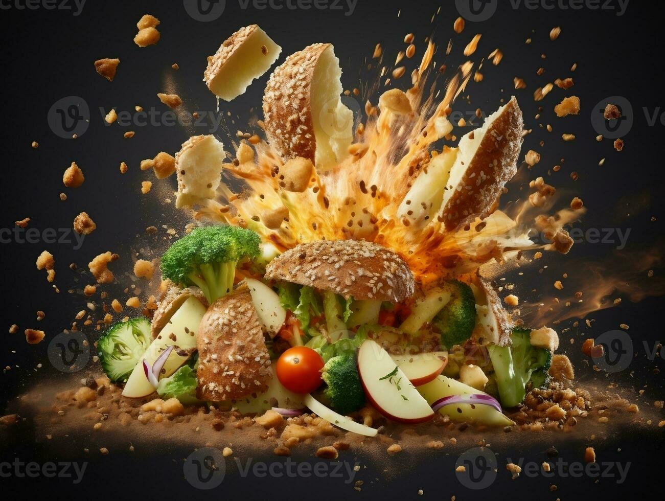 Exploding food illustration generative ai photo