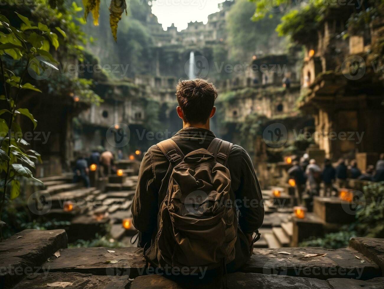 A traveler sitting on the steps of an ancient temple, gazing at the historical architecture generative ai photo