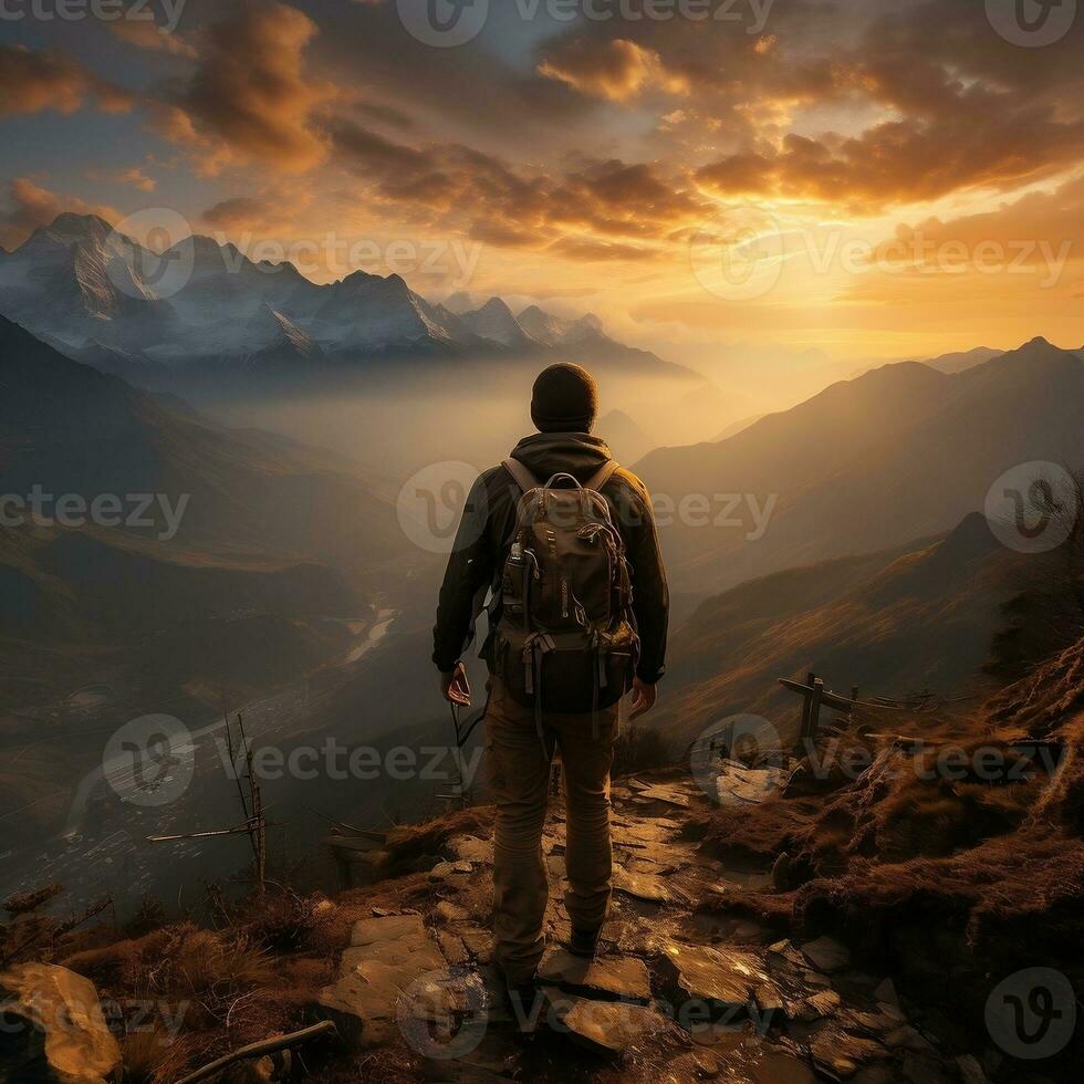 A hiker standing on a mountain peak, with a breathtaking sunset sky as the backdrop generative ai photo