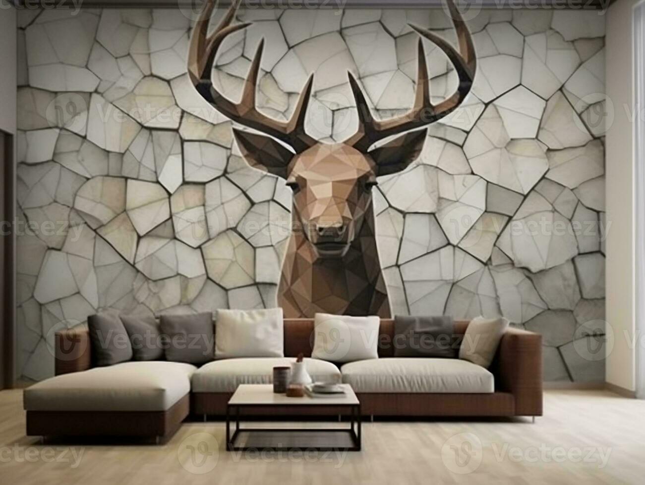 3d modern interior living room with stereo deer animal and abstract geometric crack stone generative ai photo