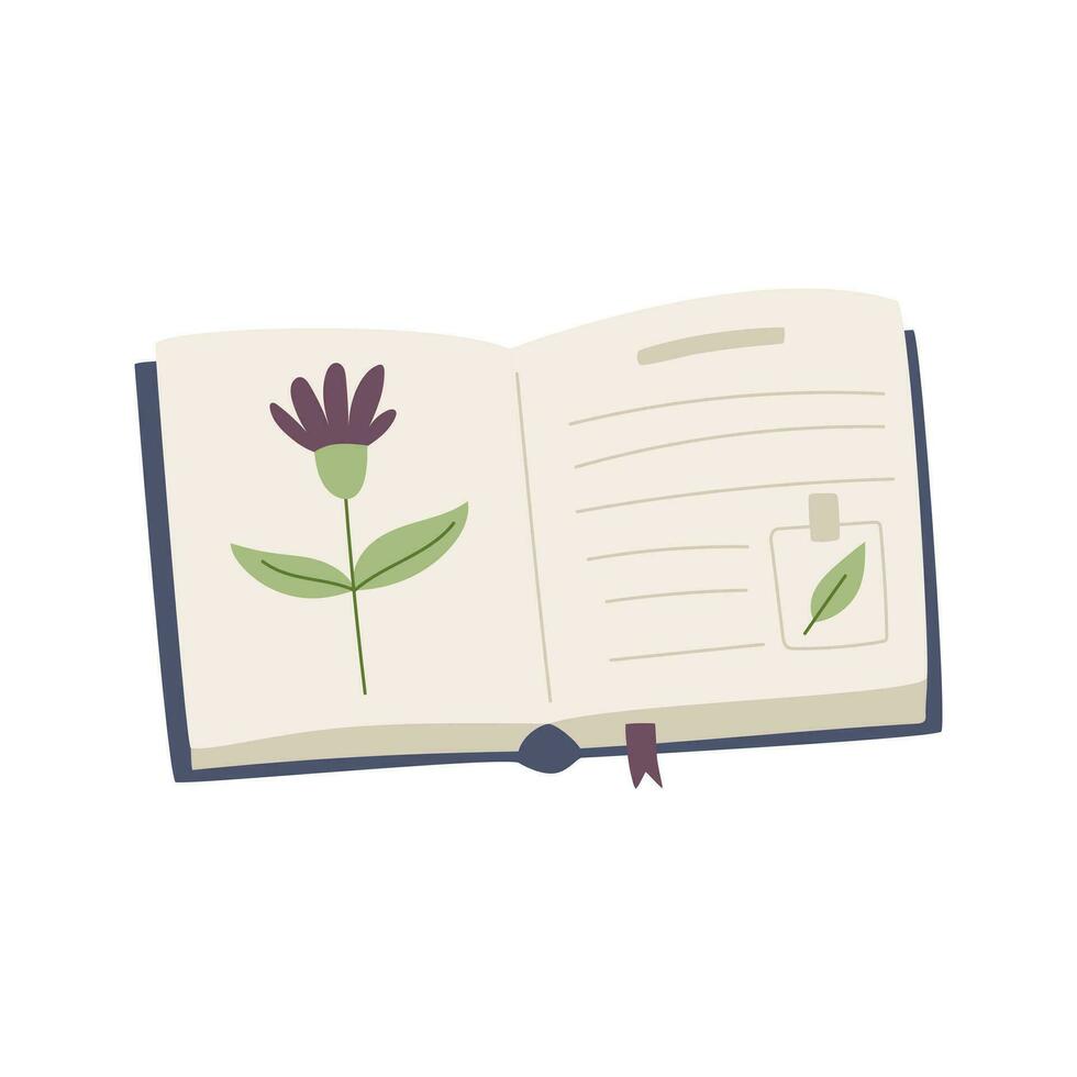 An open book, herbarium with a flower, sticker and bookmark. Encyclopedia with botanical. Flat cartoon vector decorative element isolated on a white background.