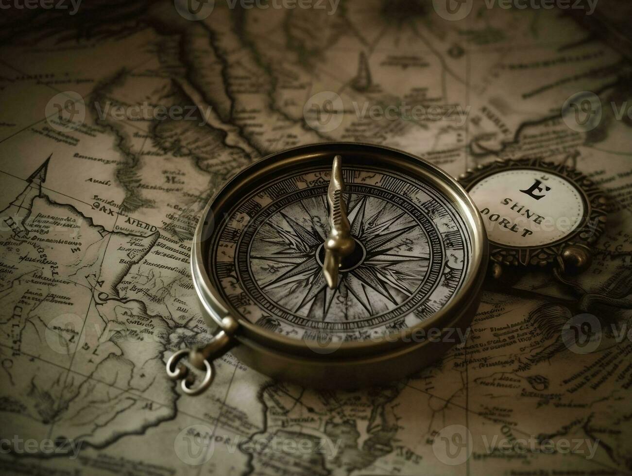 A close-up shot of a compass on a vintage map generative ai photo