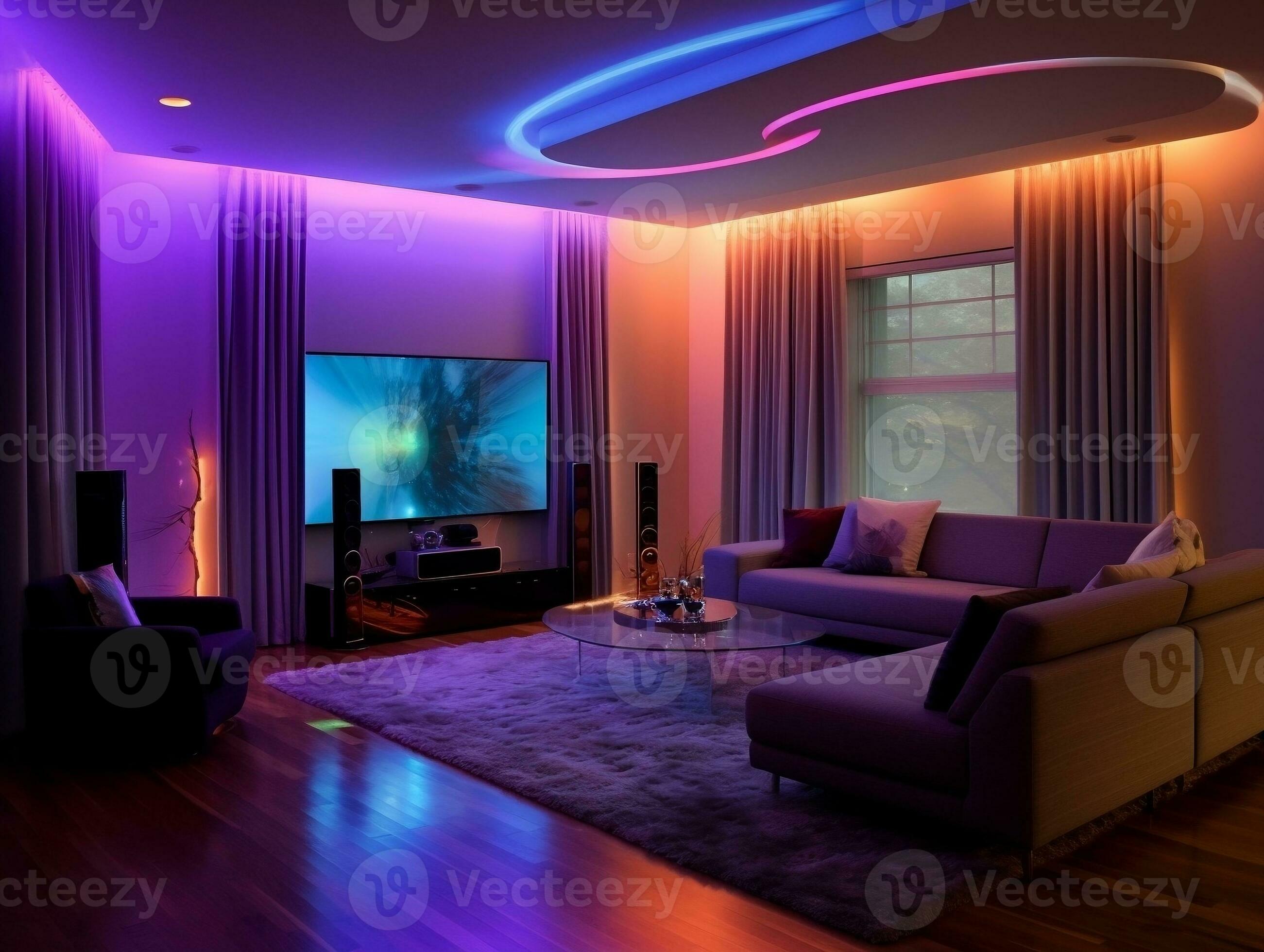 Modern smart living room with multicolor led light generative ai