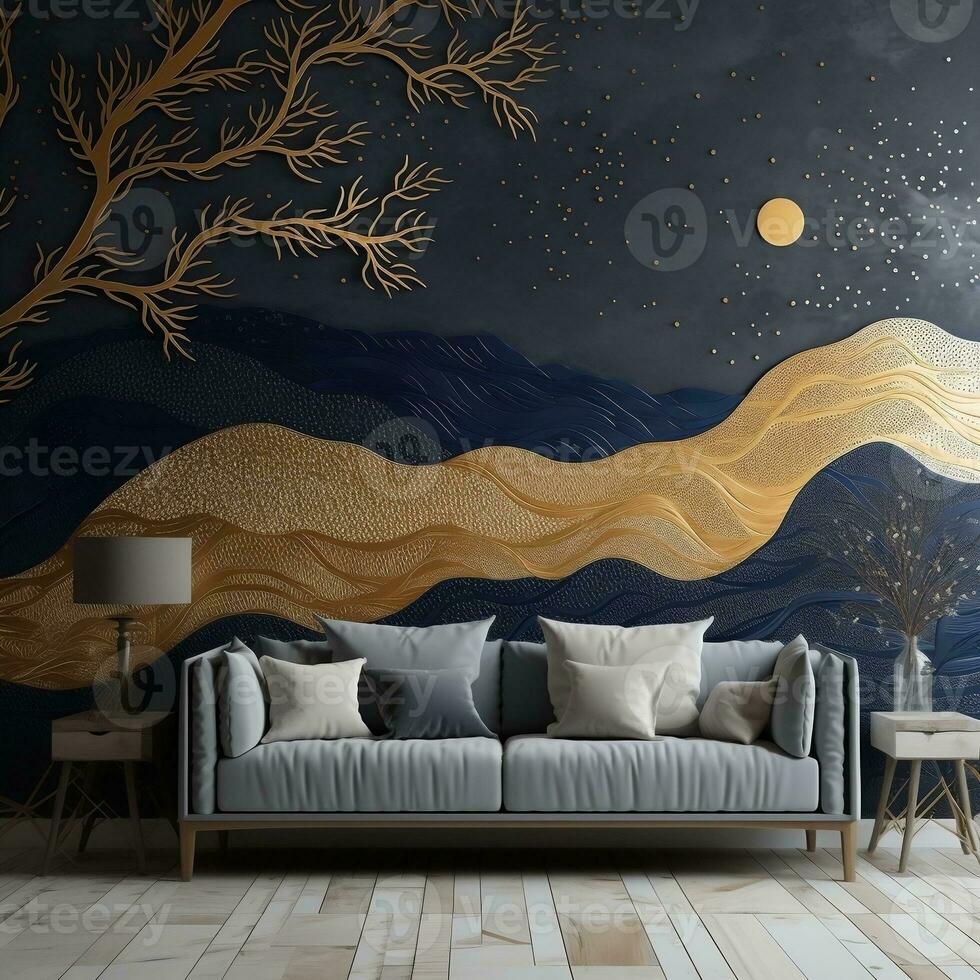 3d modern interior home wall decoration. golden and dark blue mountains, featuring a golden tree with moon dark landscape background generative ai photo
