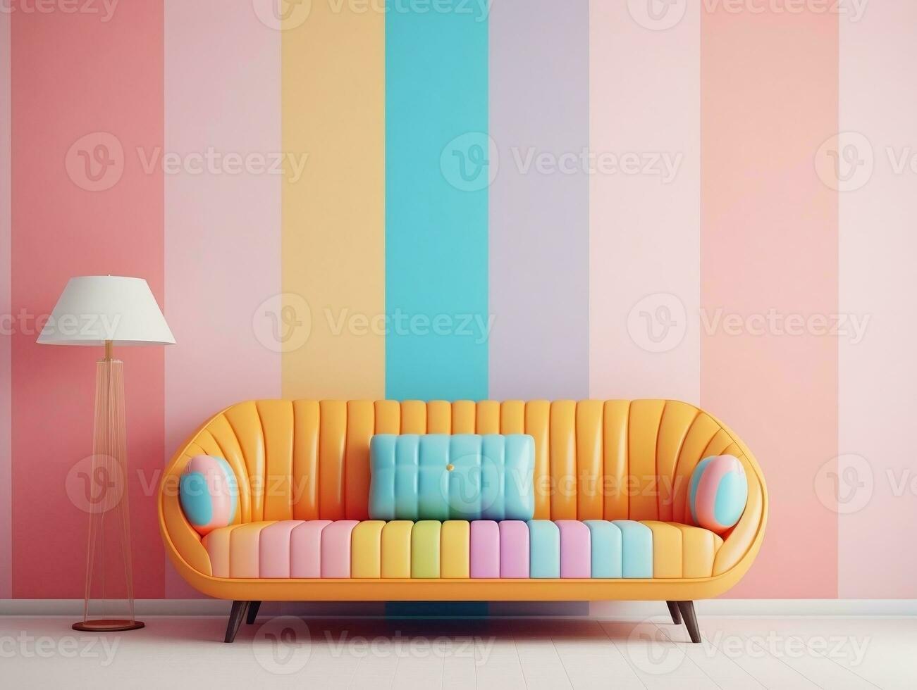 Pastel multi-color vibrant groovy retro striped background wall frame with bright sofa interior home design generative ai photo