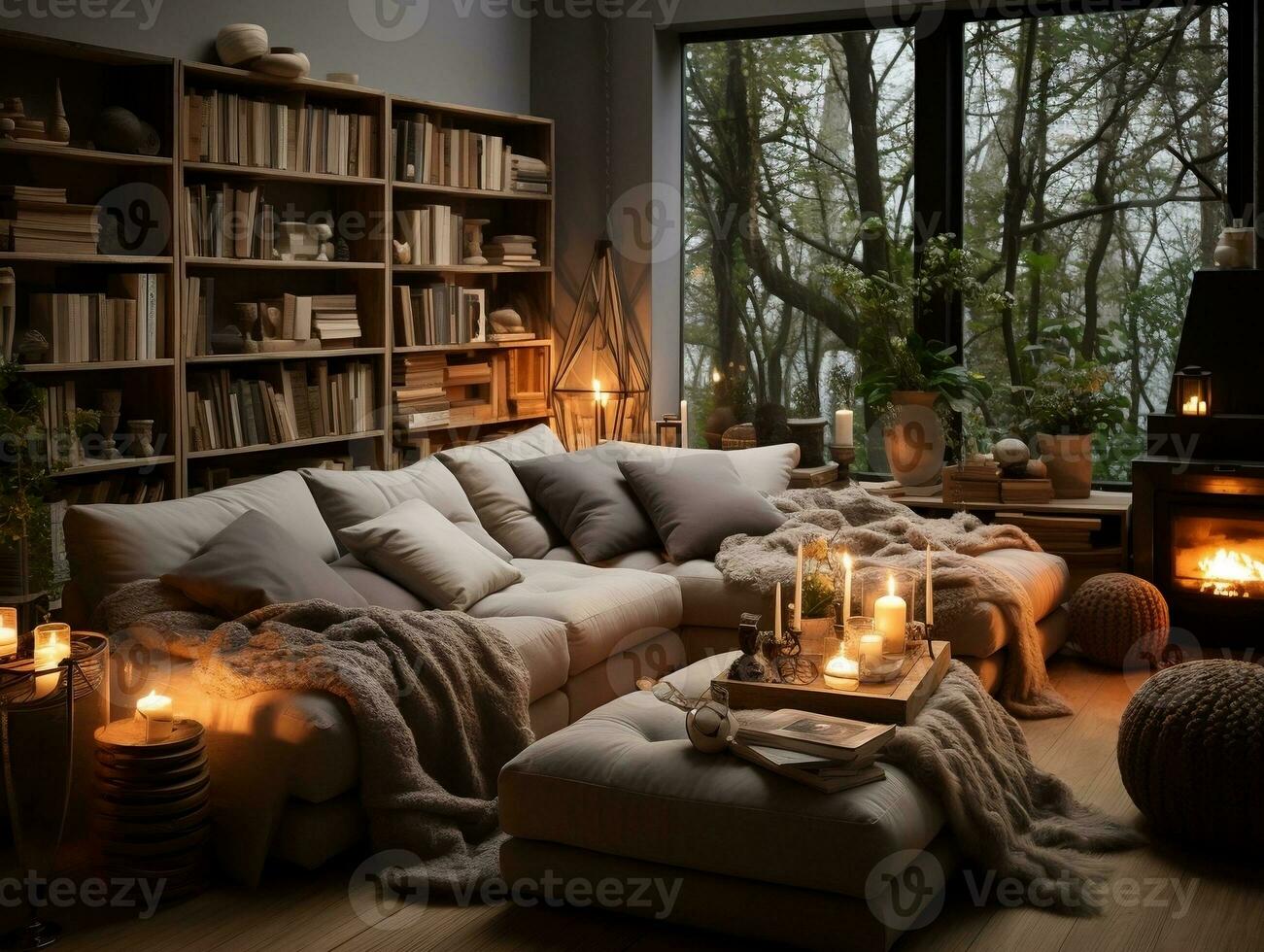 A cozy modern living room is adorned with wooden accents, including a rustic coffee table and a bookshelf filled with books and decorative items generative ai photo