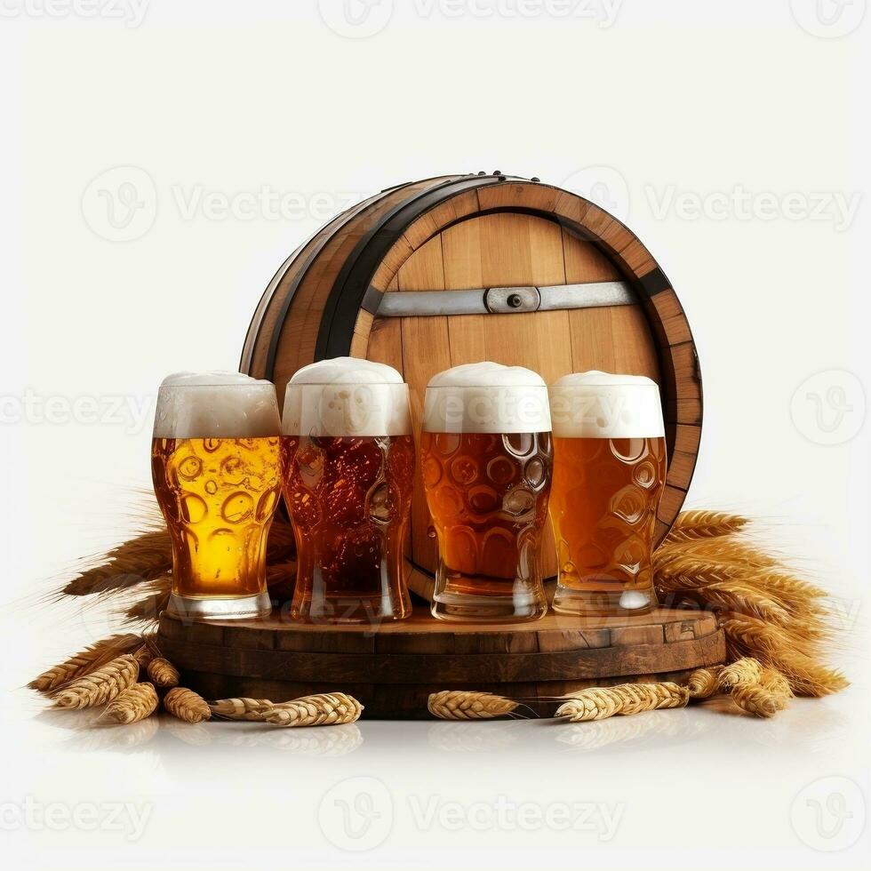 Beer glasses with beer barrel on isolated background generative ai photo
