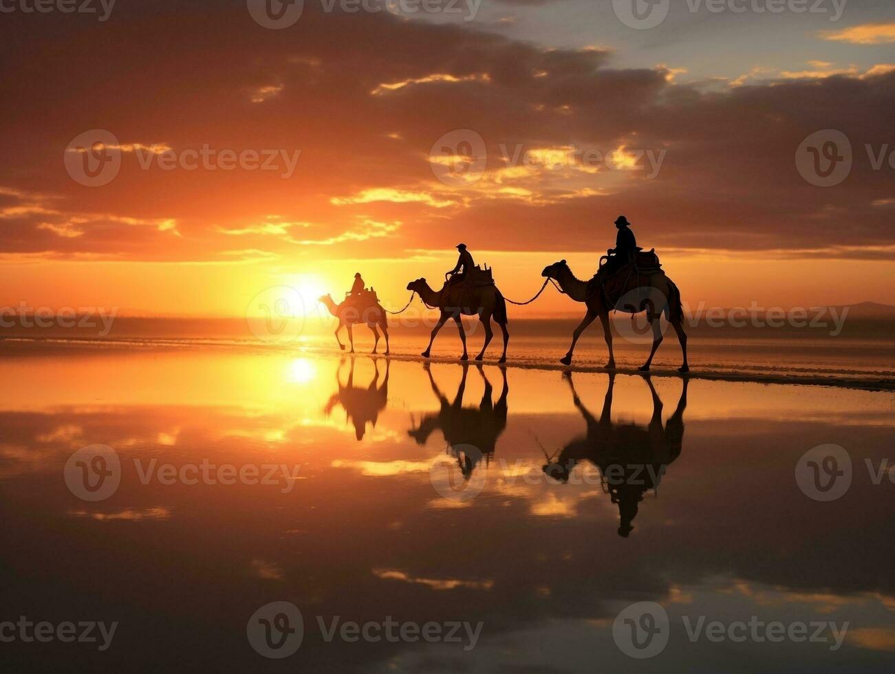 Camels silhouette on the salt lake at sunrise generative ai photo